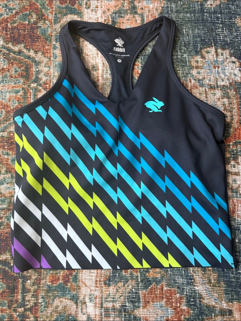 rabbit Women's Black Racerback Sports Bra with Blue & Lime Chevron Accents